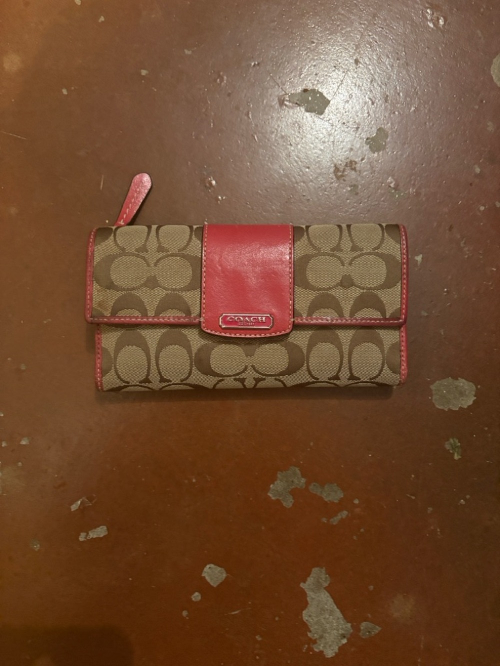 Coach Brown Signature Canvas Wallet with Red Trim